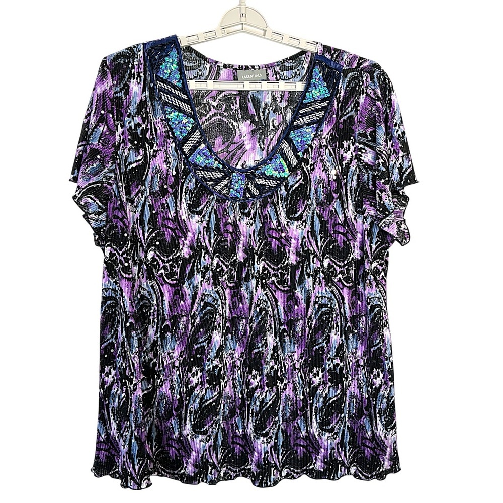 Essentials Sequin Top Beaded Flutter Sleeve Pullover Blouse Purple Teal Plus 3X - Picture 10 of 15